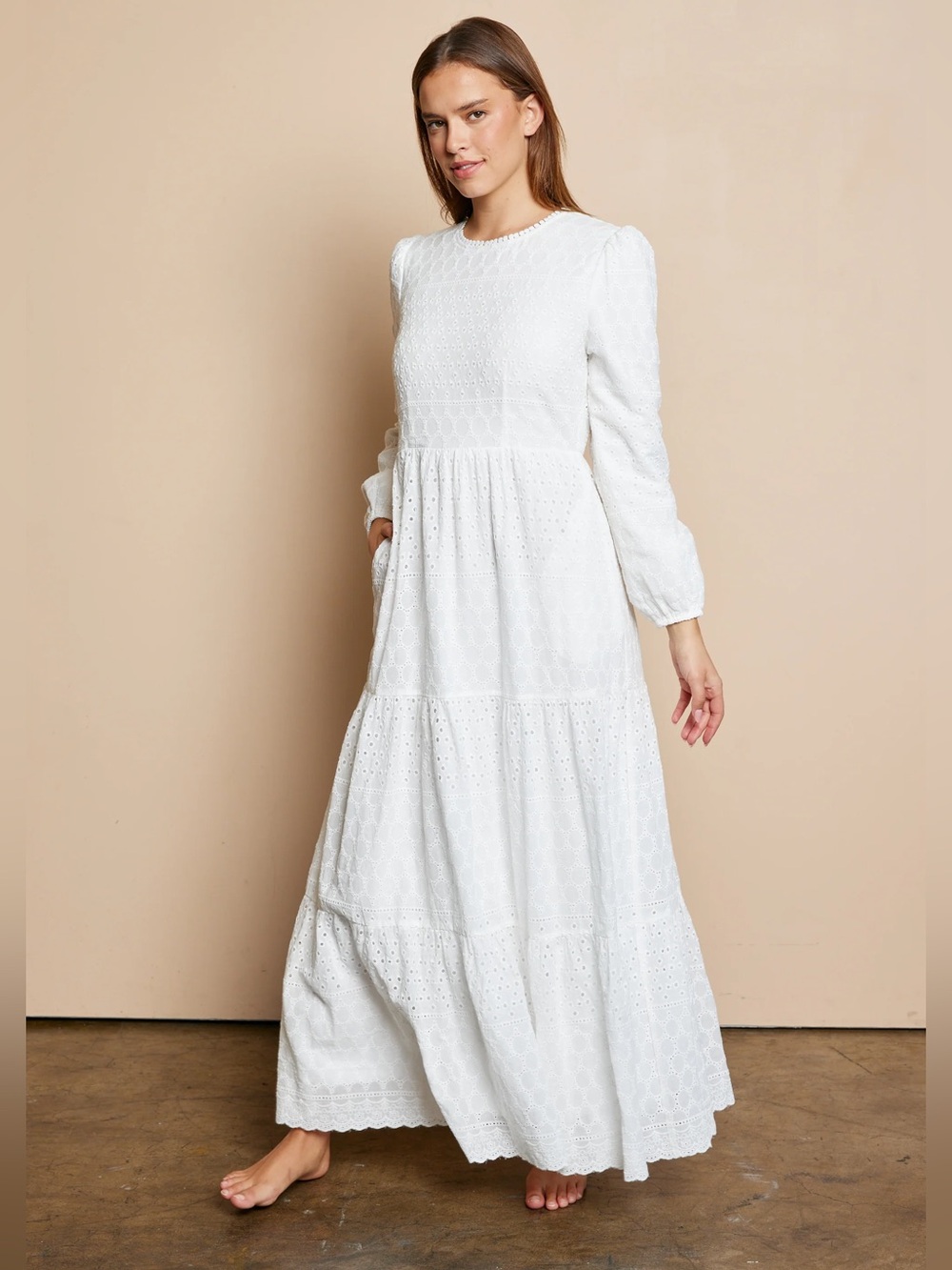 The Poppy Eyelet Temple Dress In White Long Sleeve Maxi Dress EUC XS